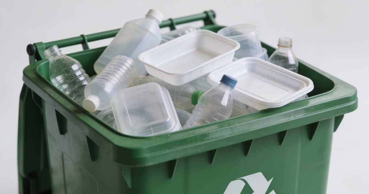 Bac de recyclage vert rempli de plastiques durs