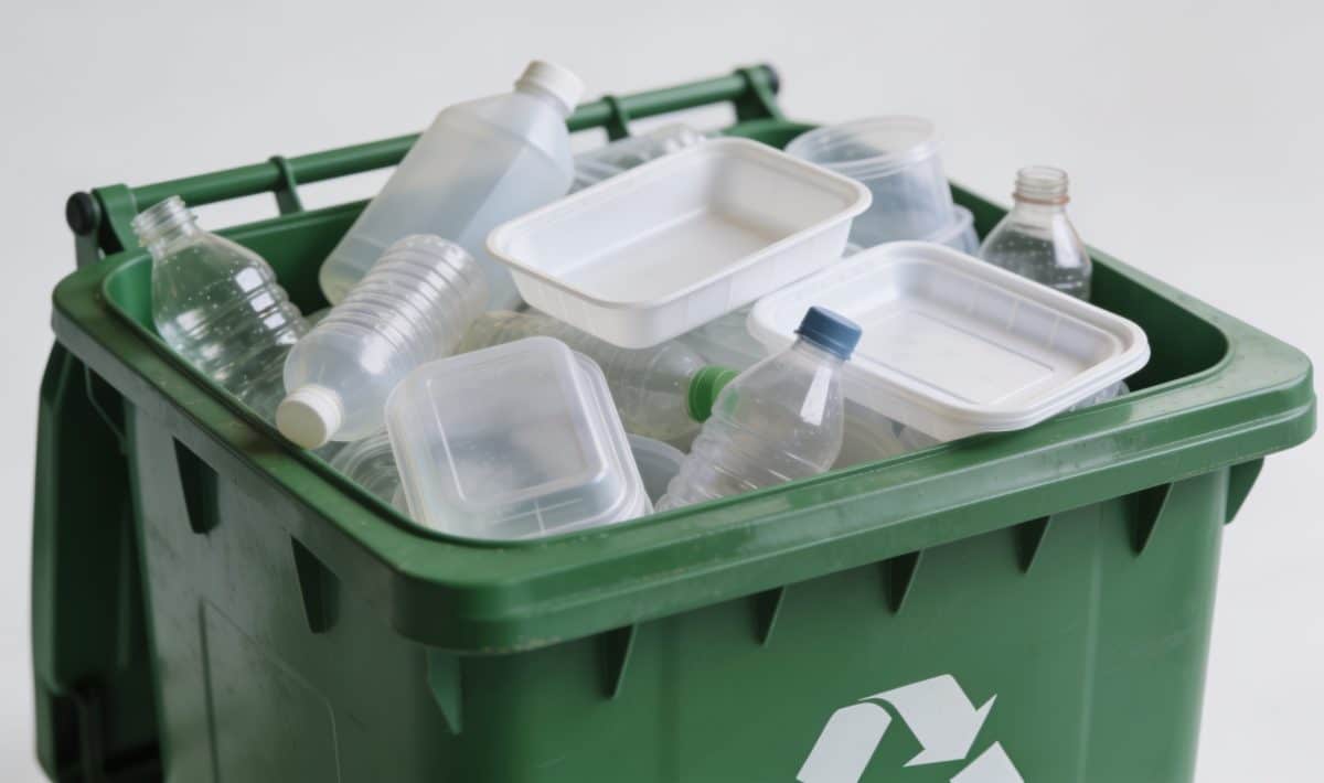 Bac de recyclage vert rempli de plastiques durs