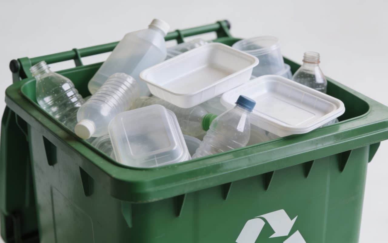 Bac de recyclage vert rempli de plastiques durs