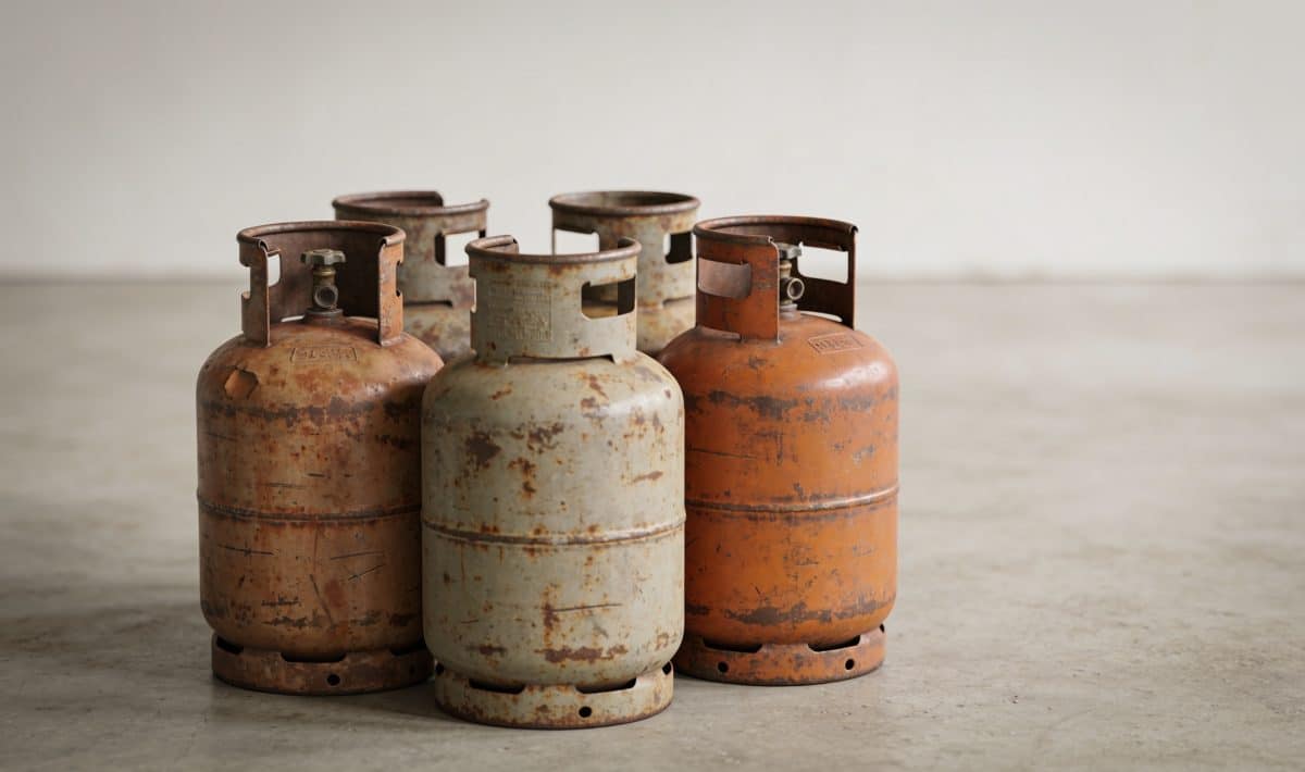 Rang de bouteilles de gaz vides rouillees