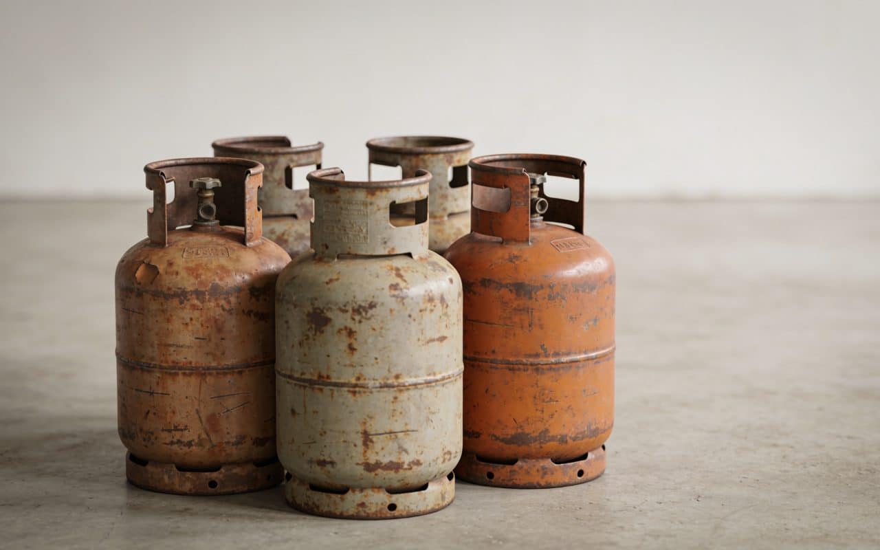 Rang de bouteilles de gaz vides rouillees