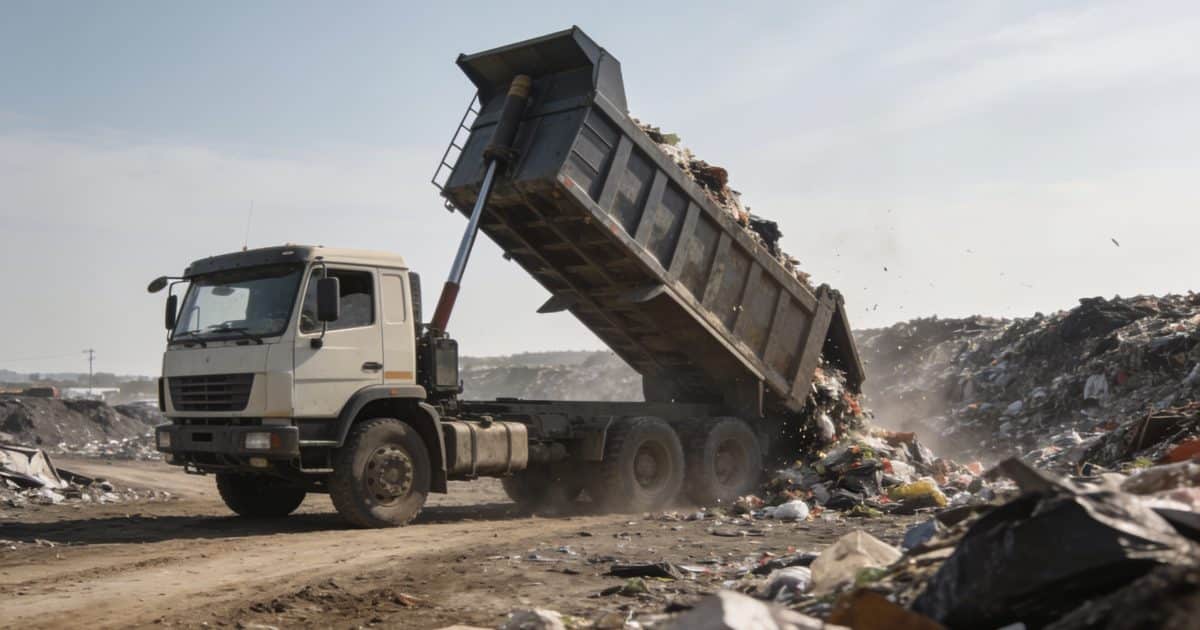 Camion benne vidant dechets dans grande decheterie en plein jour