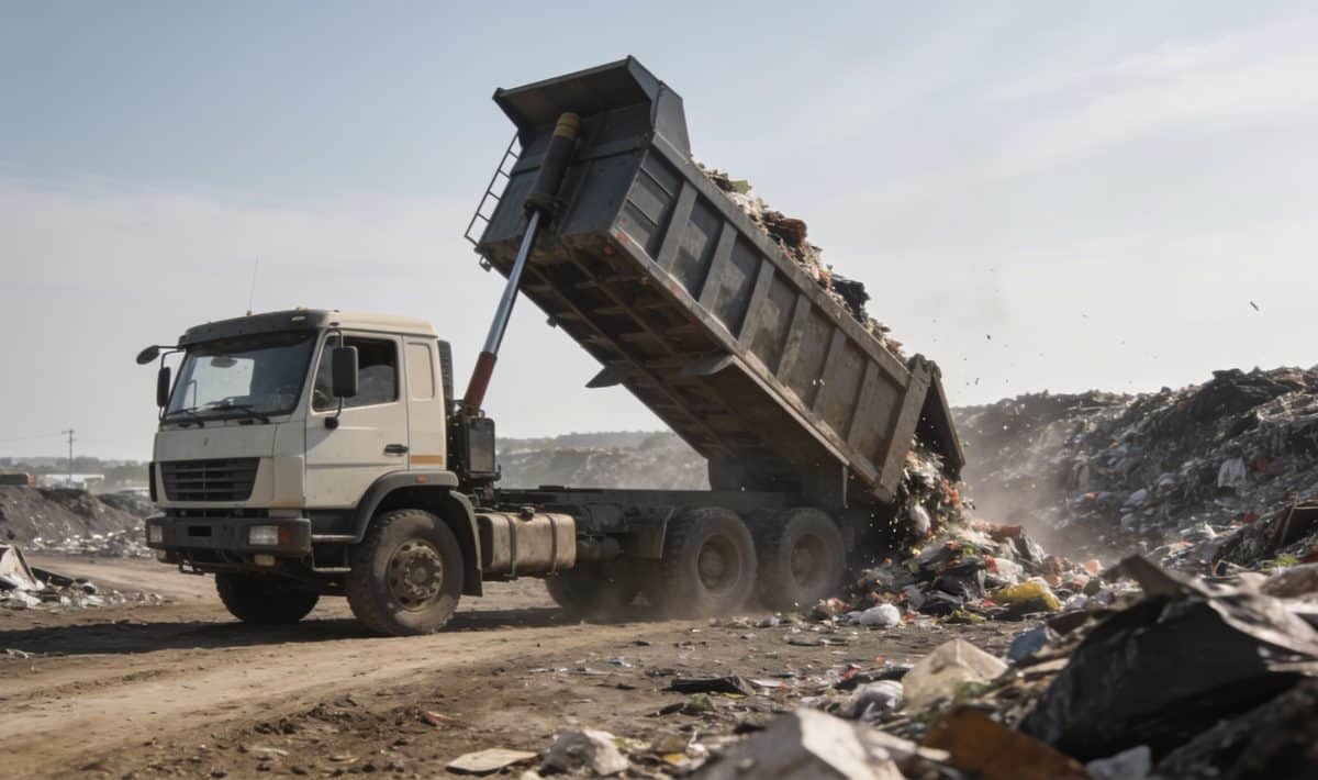 Camion benne vidant dechets dans grande decheterie en plein jour