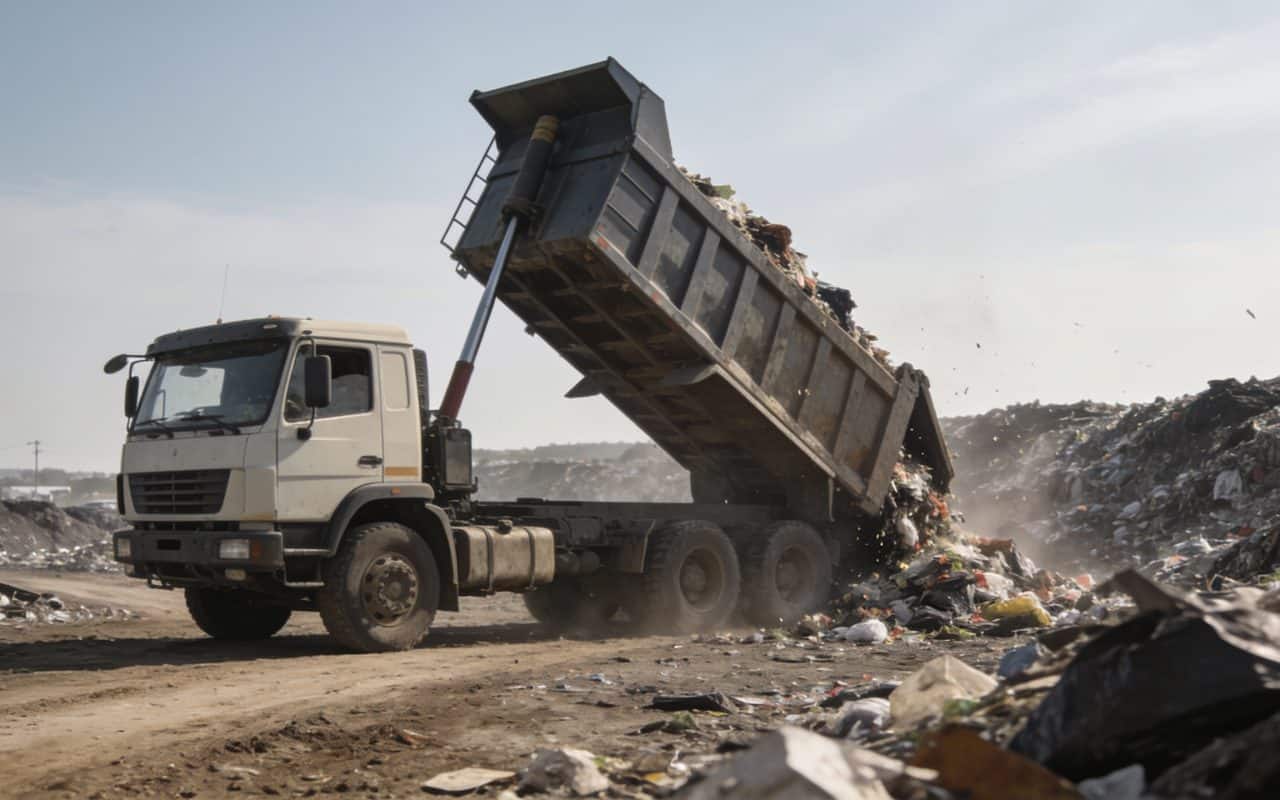 Camion benne vidant dechets dans grande decheterie en plein jour