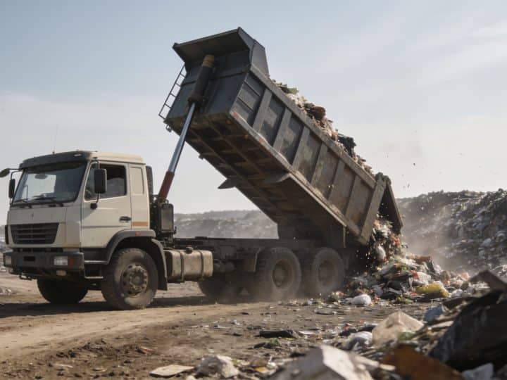 Camion benne vidant dechets dans grande decheterie en plein jour
