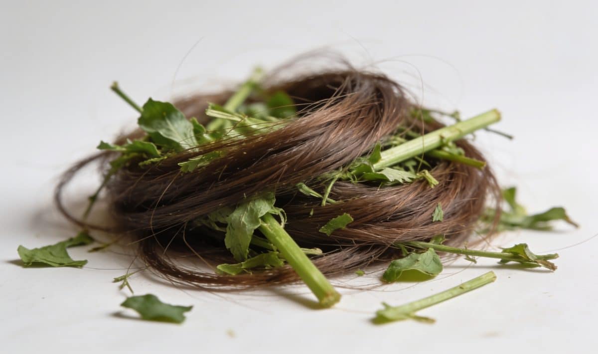 Tas de cheveux bruns meles a dechets verts