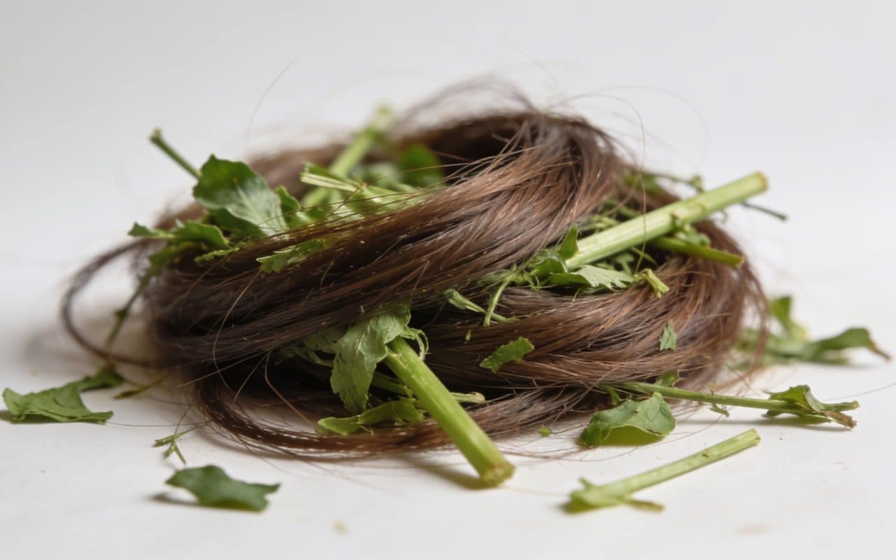 Tas de cheveux bruns meles a dechets verts