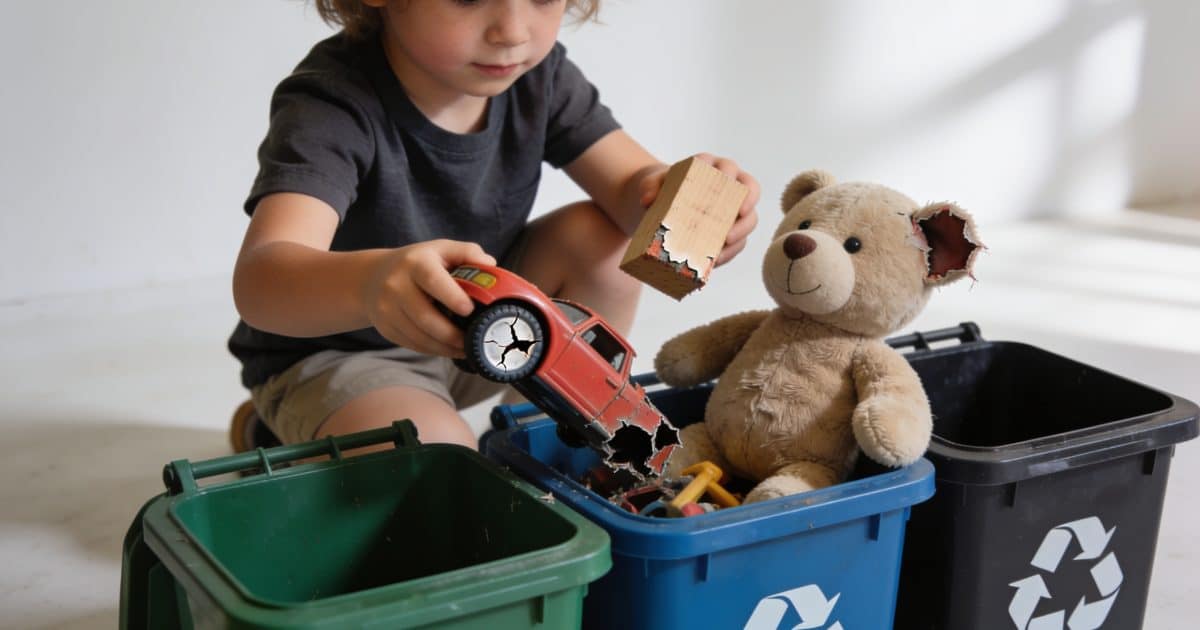 Enfant triant jouets casses devant conteneurs de recyclage