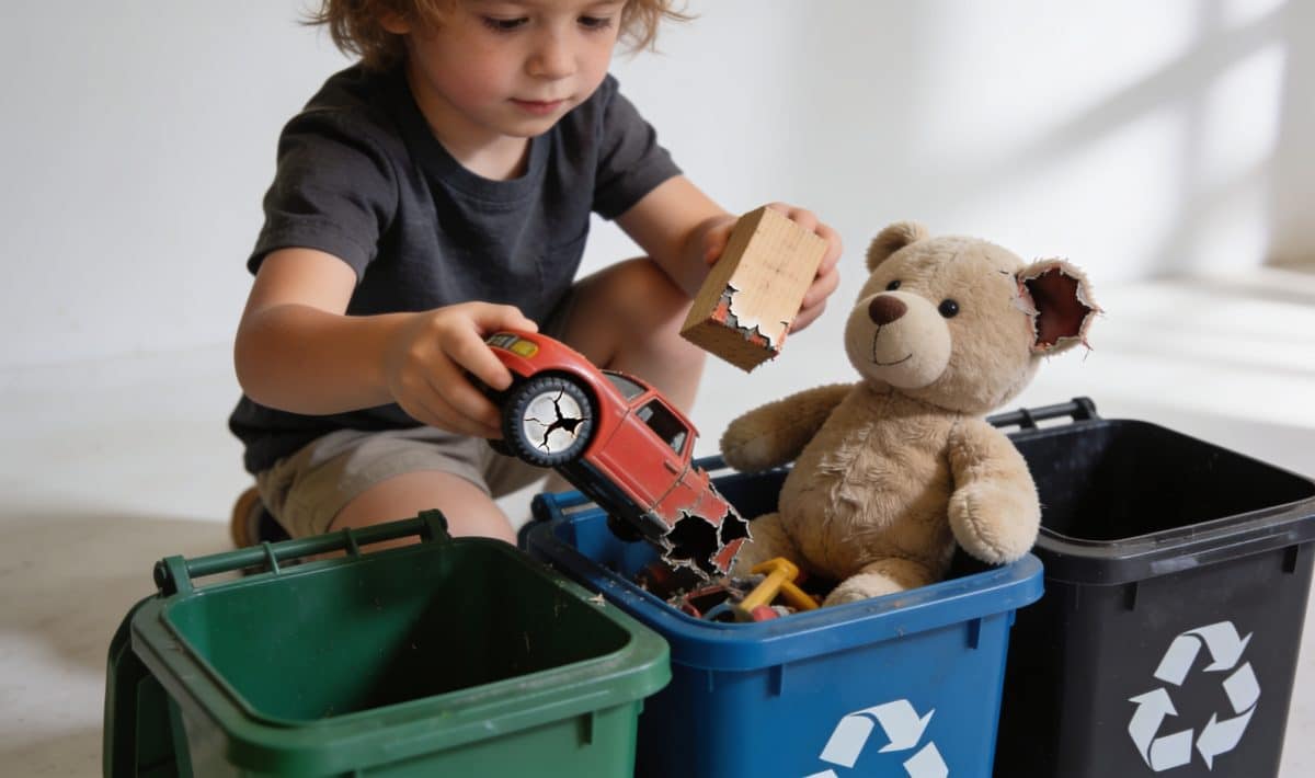 Enfant triant jouets casses devant conteneurs de recyclage