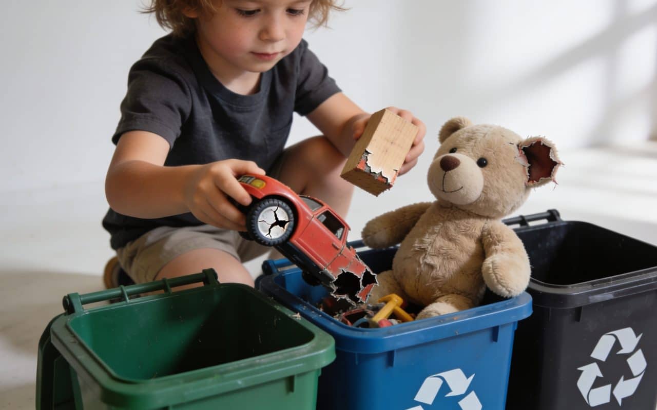 Enfant triant jouets casses devant conteneurs de recyclage