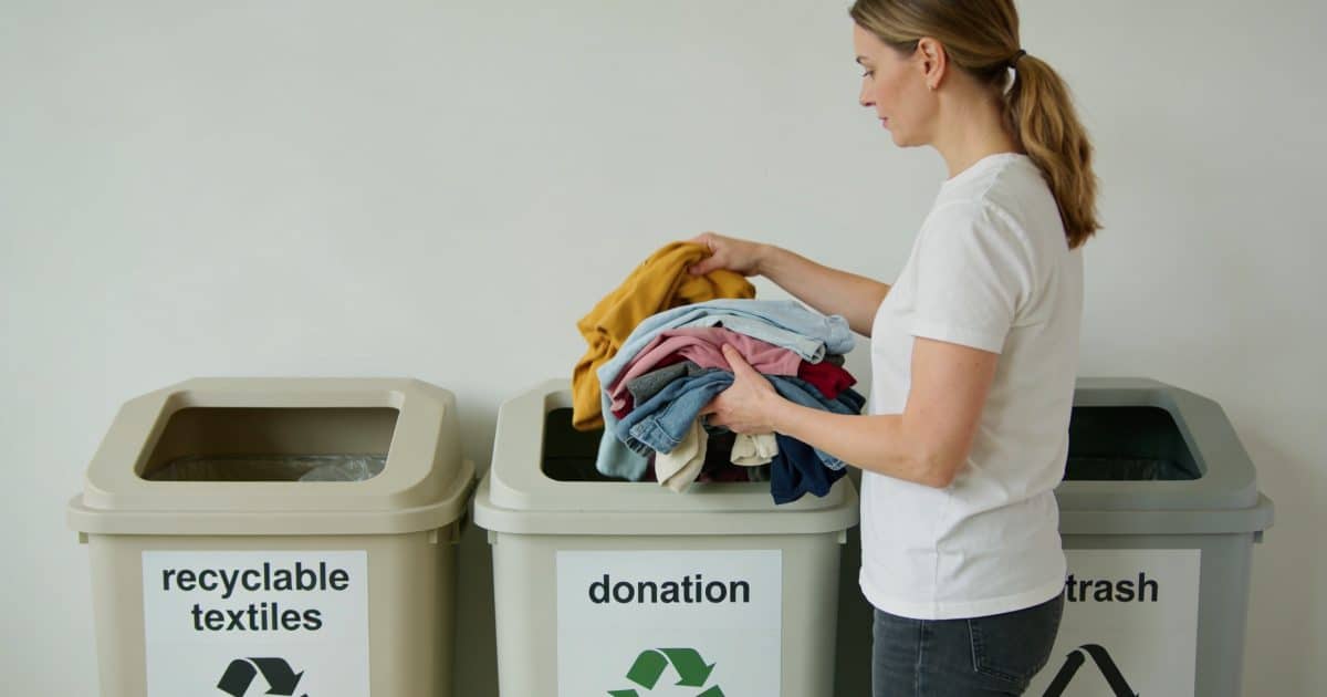 Femme devant trois bacs de recyclage triant vetements
