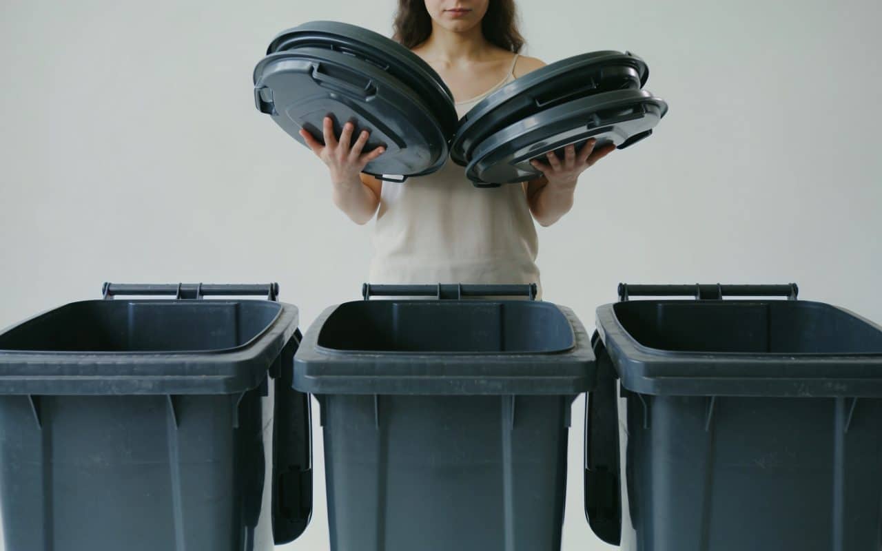 Femme debout tenant des couvercles devant trois poubelles