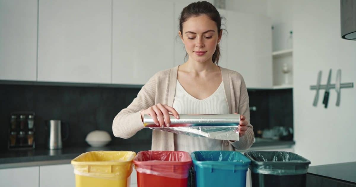 Femme debout cuisine tenant rouleau aluminium au dessus poubelles multicolores