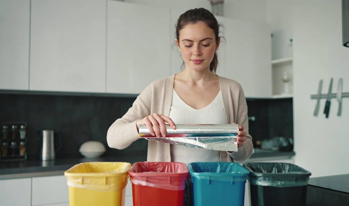 Femme debout cuisine tenant rouleau aluminium au dessus poubelles multicolores