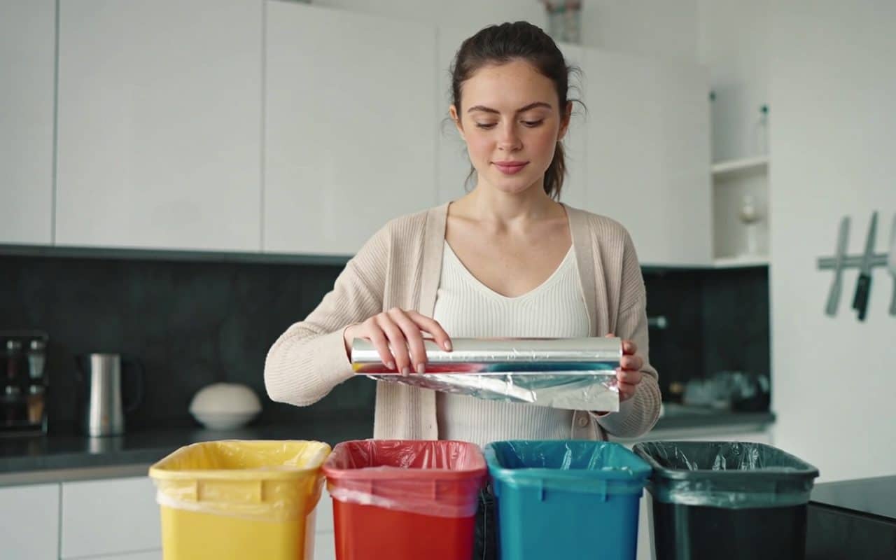 Femme debout cuisine tenant rouleau aluminium au dessus poubelles multicolores