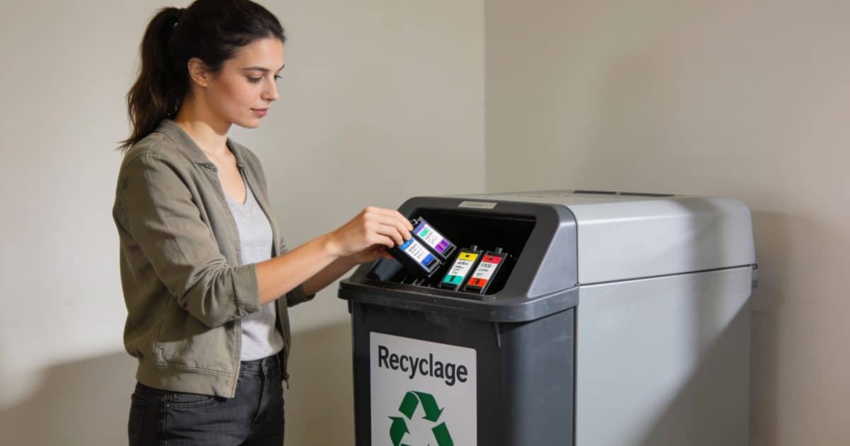 Femme déposant cartouches dencre dans borne recyclage