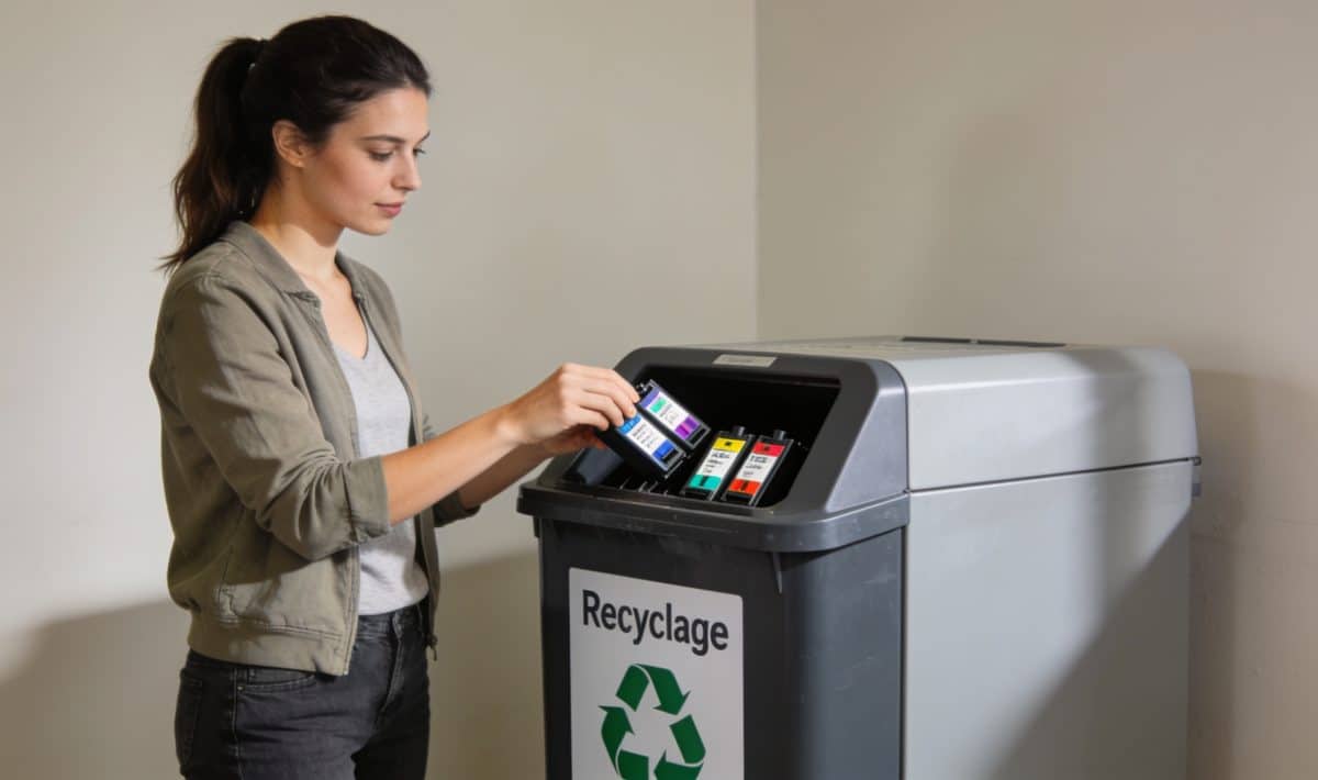 Femme déposant cartouches dencre dans borne recyclage
