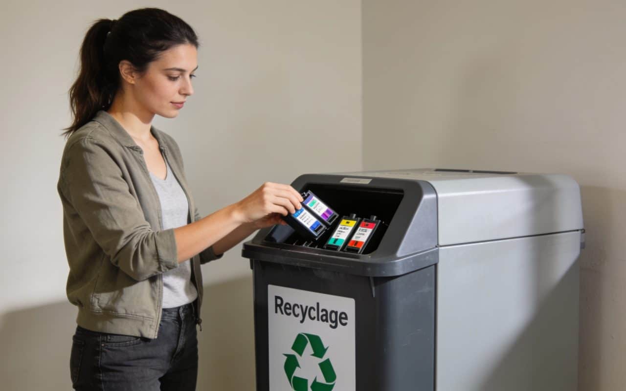Femme déposant cartouches dencre dans borne recyclage