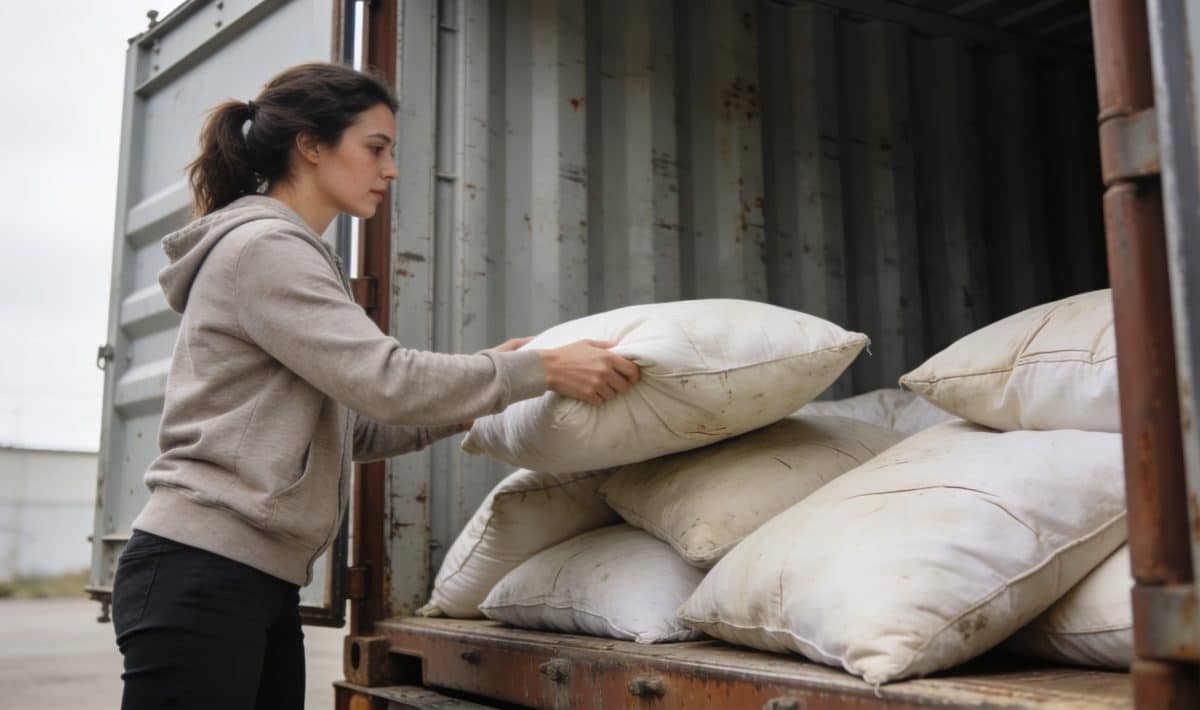 Femme deposant de vieux oreillers dans un conteneur
