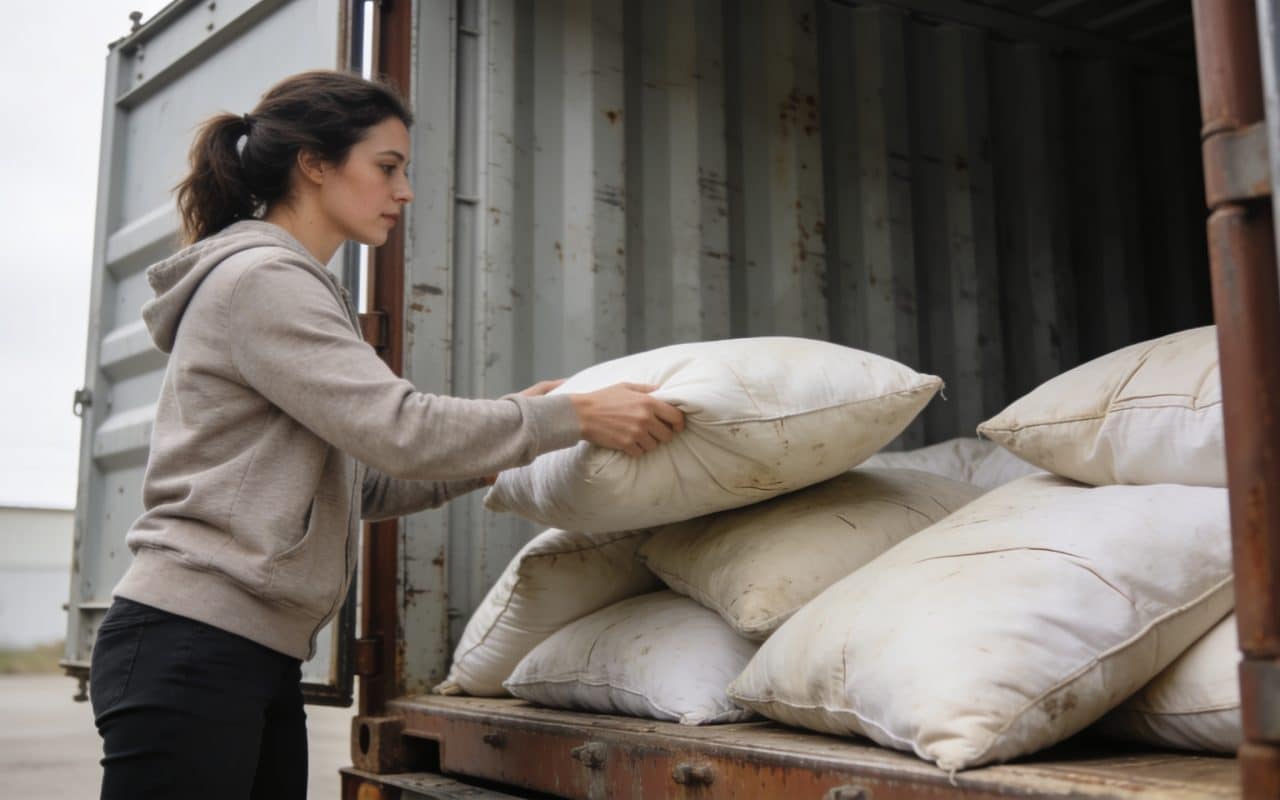 Femme deposant de vieux oreillers dans un conteneur