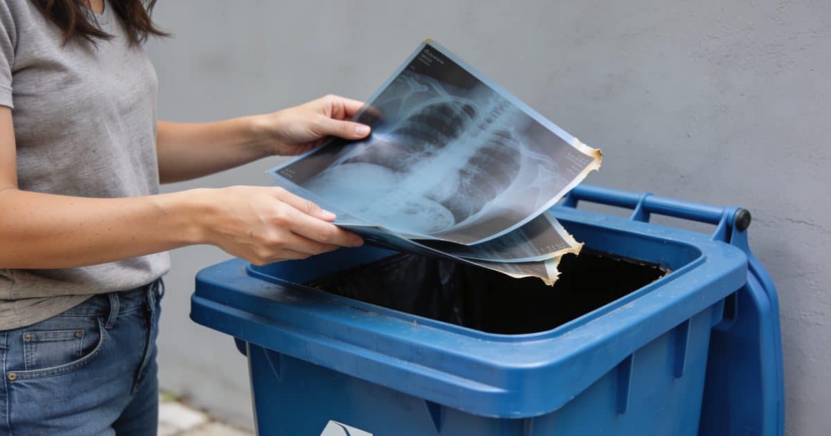 Femme depotant vieilles radiographies dans conteneur recyclage