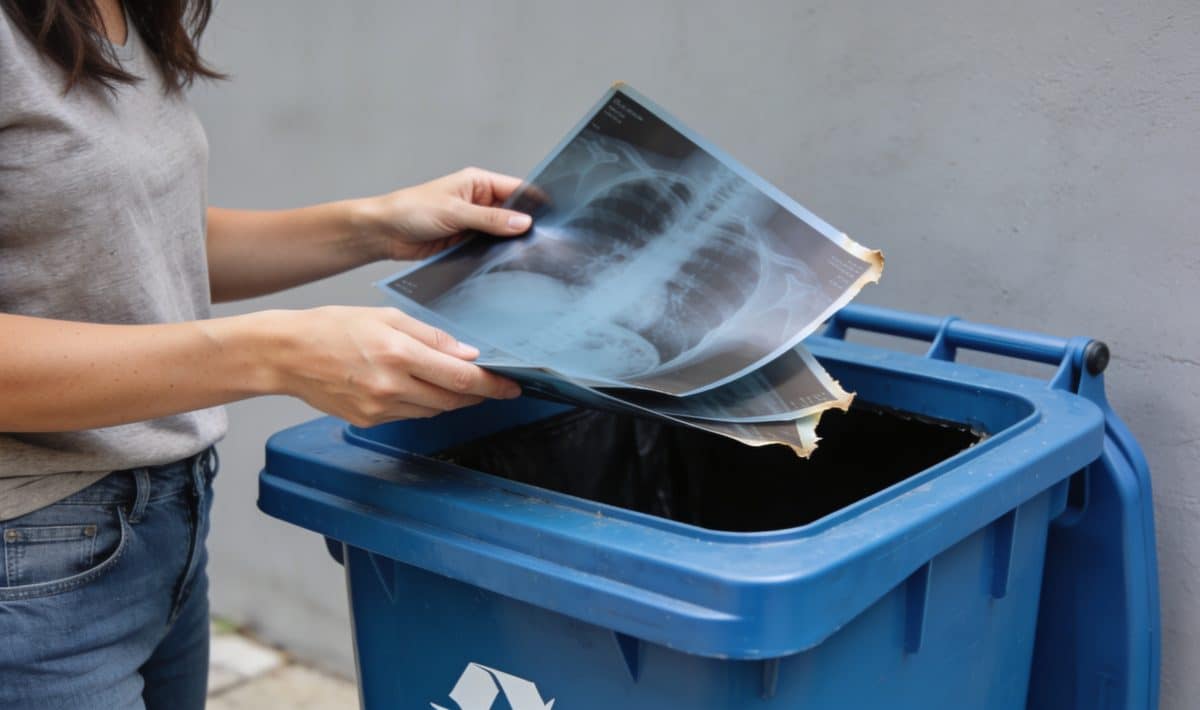 Femme depotant vieilles radiographies dans conteneur recyclage