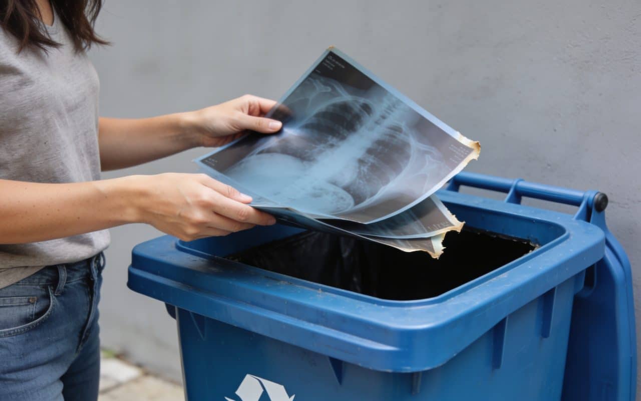 Femme depotant vieilles radiographies dans conteneur recyclage
