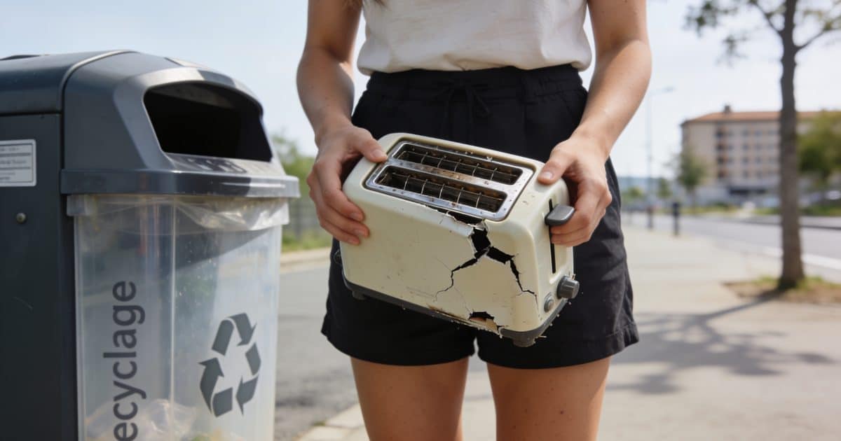 Femme triant grille pain casse devant borne recyclage
