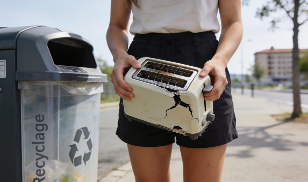 Femme triant grille pain casse devant borne recyclage