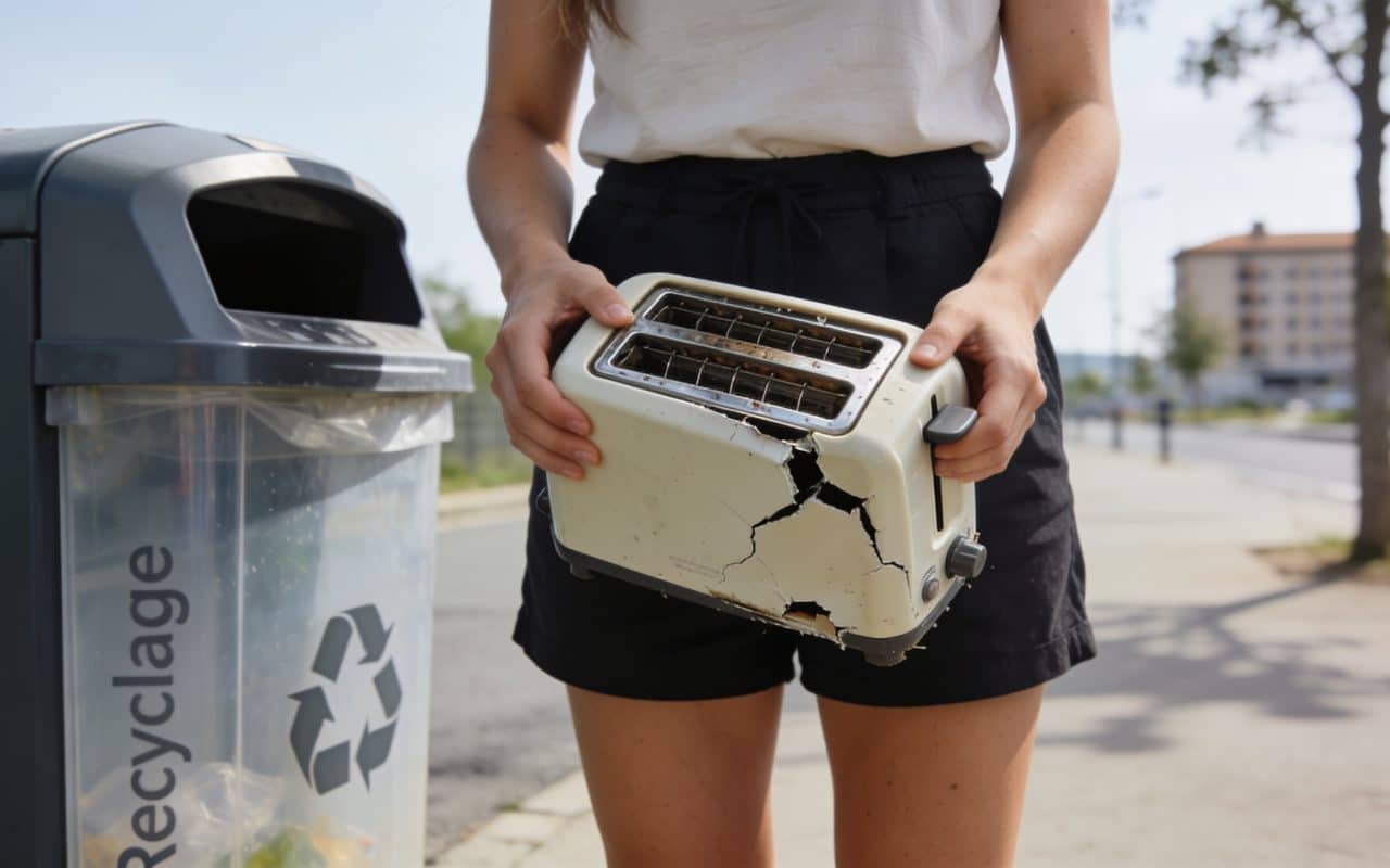 Femme triant grille pain casse devant borne recyclage