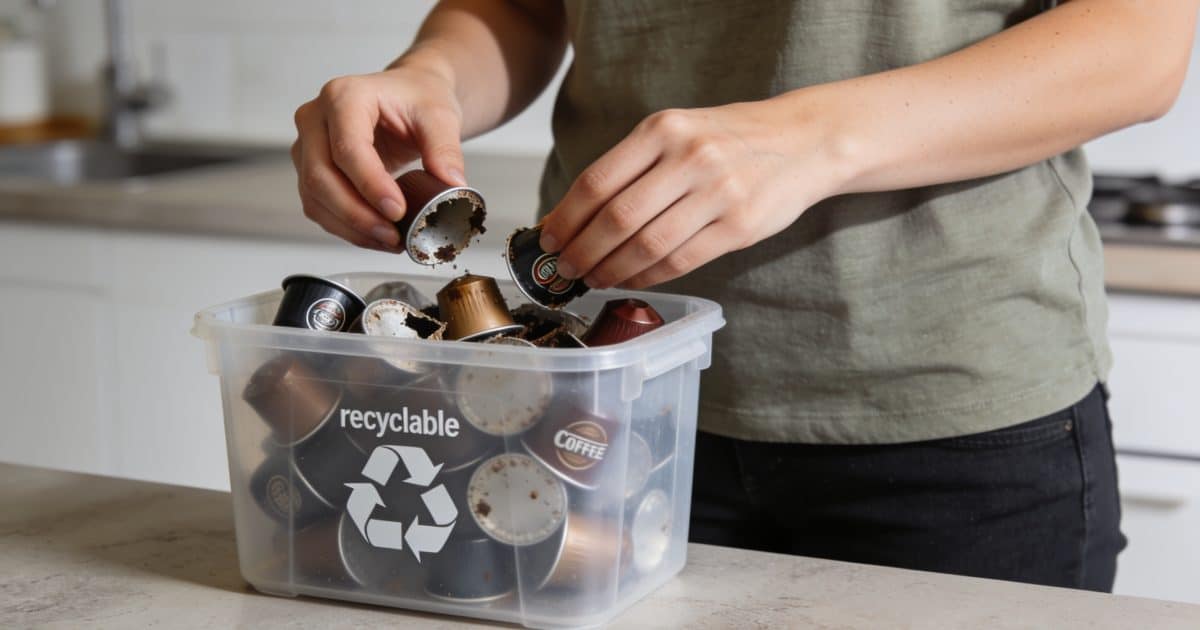 Femme triant capsules de cafe usagees dans bac recyclage