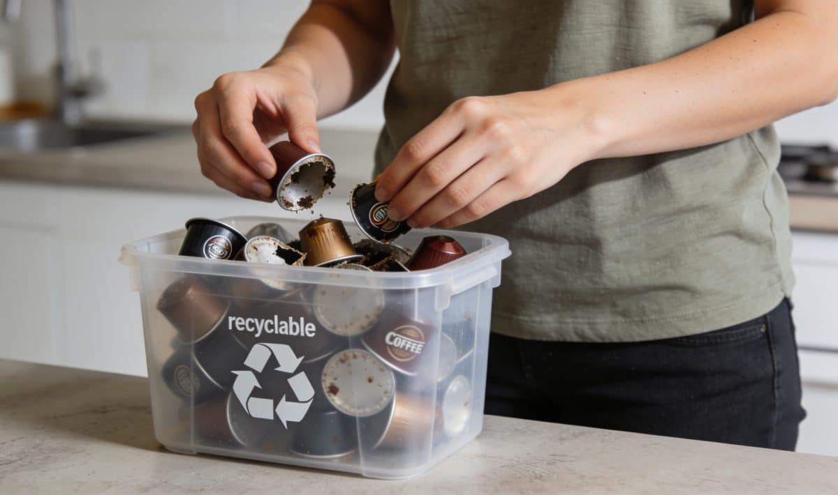 Femme triant capsules de cafe usagees dans bac recyclage