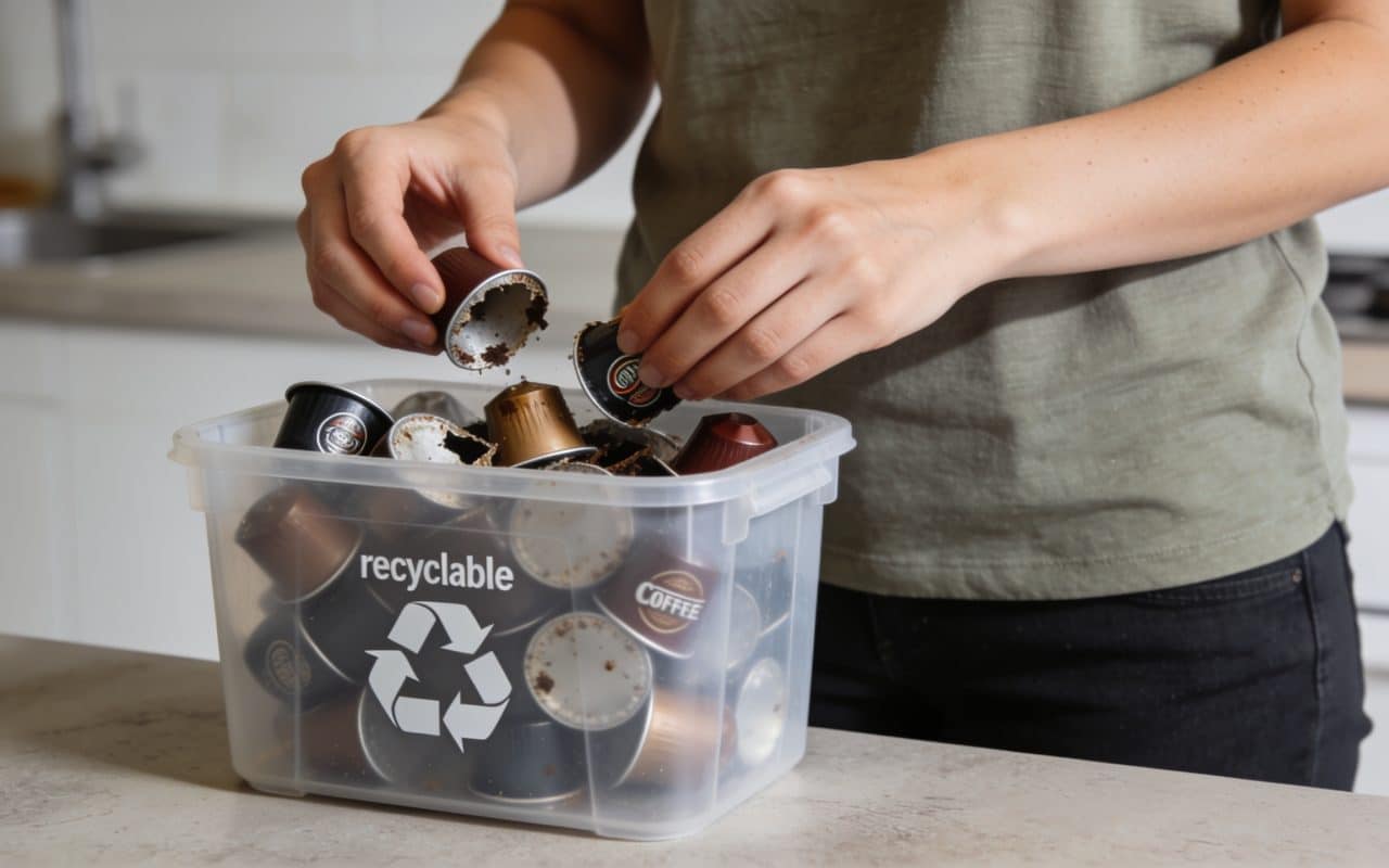 Femme triant capsules de cafe usagees dans bac recyclage