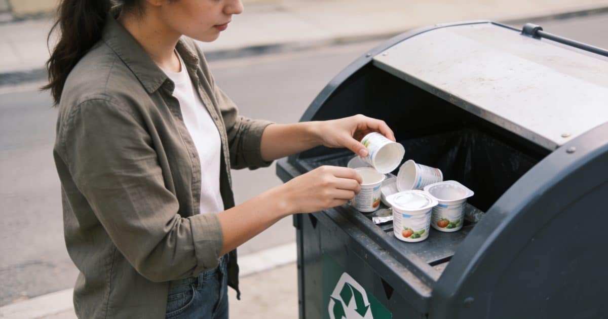 Femme trie des pots de yaourt vides dans poubelles recyclage