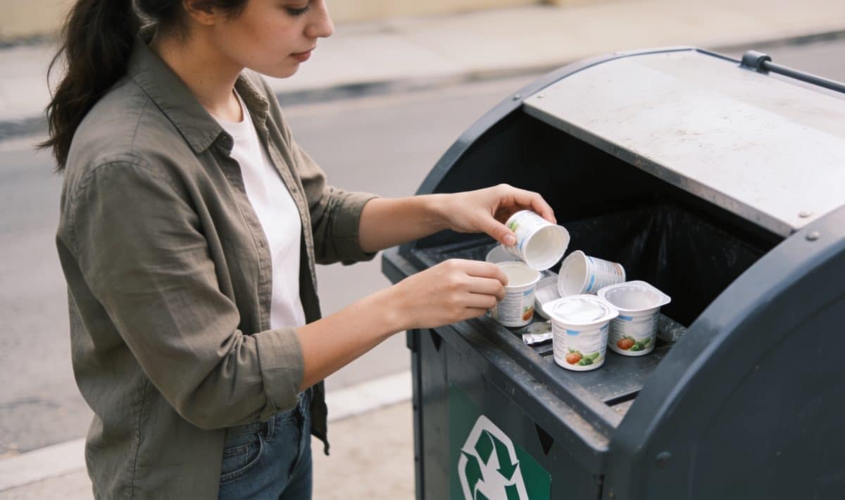 Femme trie des pots de yaourt vides dans poubelles recyclage