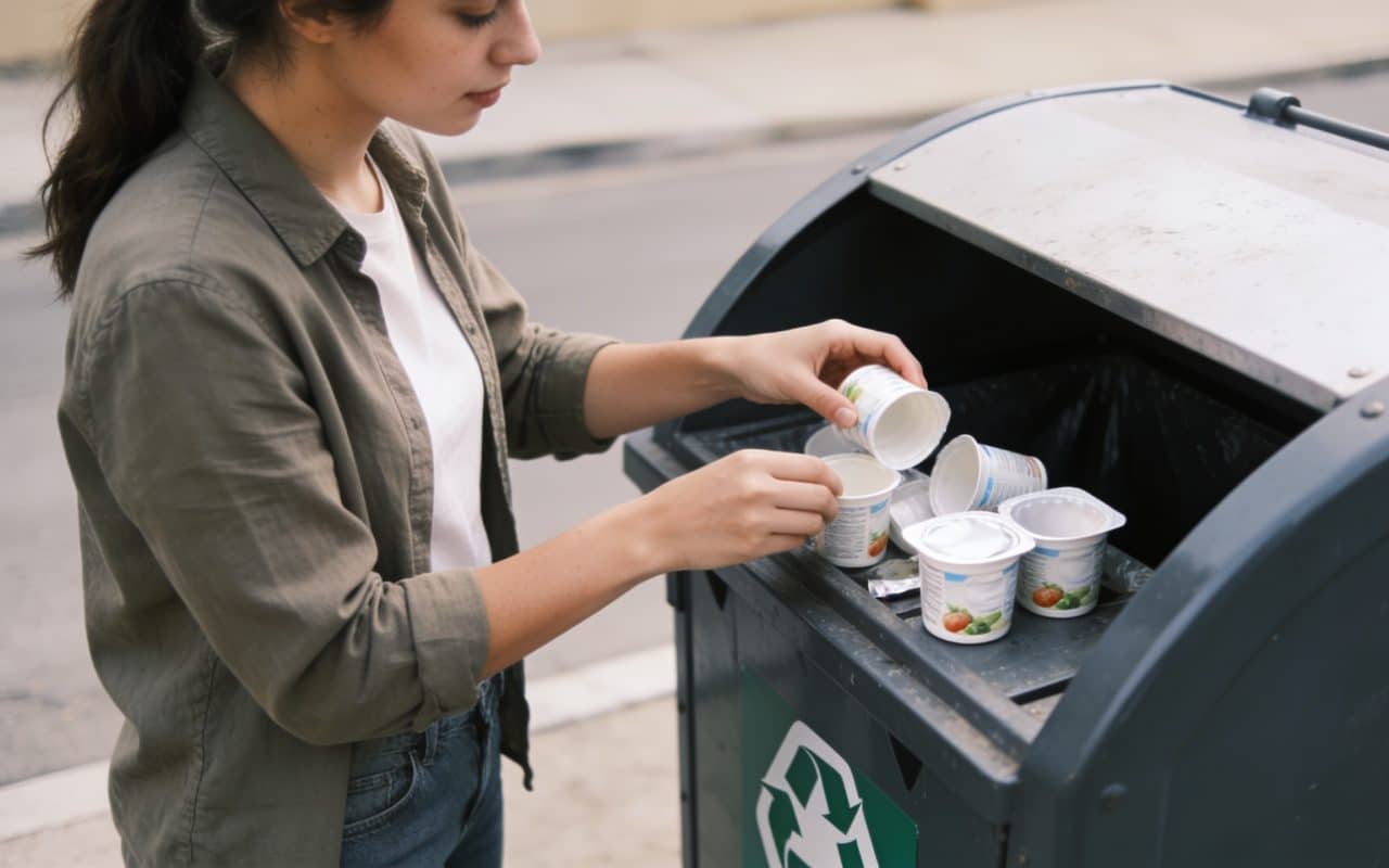 Femme trie des pots de yaourt vides dans poubelles recyclage