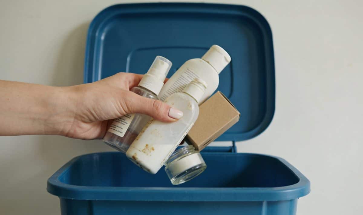 Femme jetant vieux produits cosmétiques dans poubelle recyclage