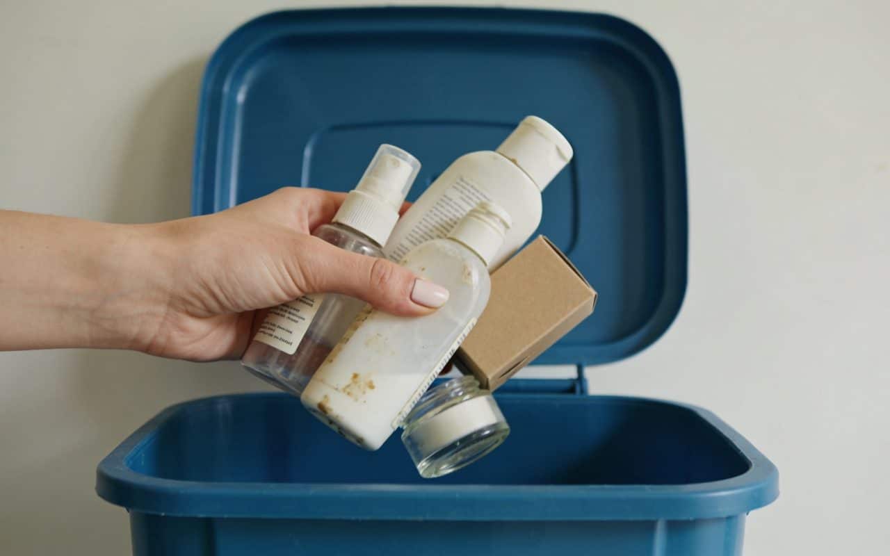 Femme jetant vieux produits cosmétiques dans poubelle recyclage
