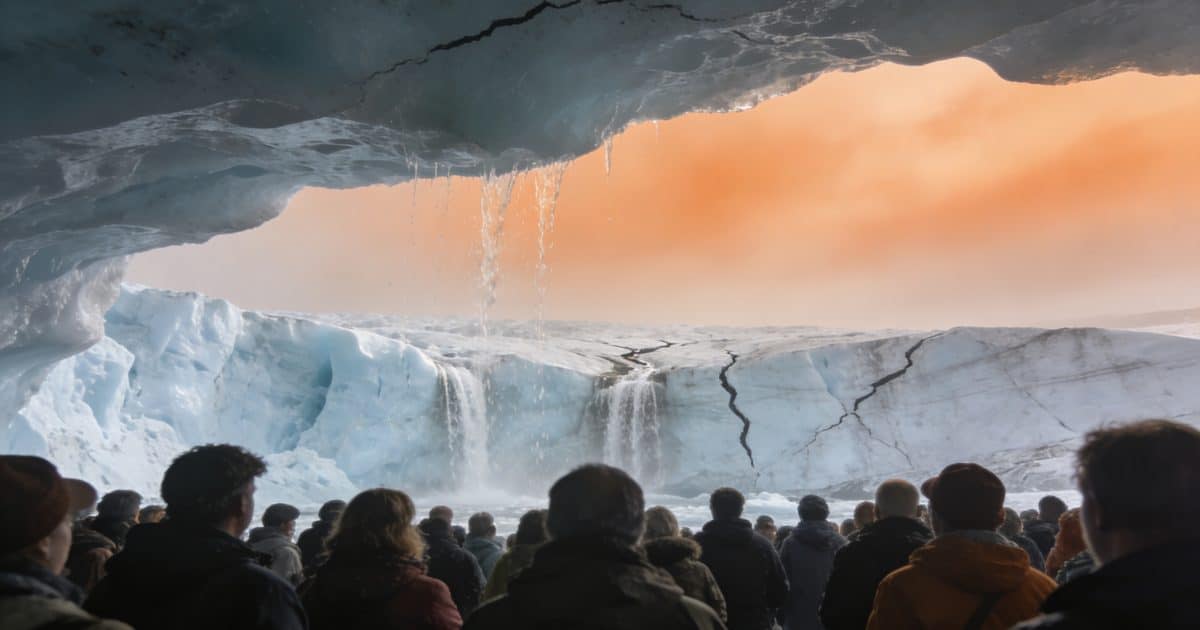 Foule sous ciel orange brumeux devant glacier fondant
