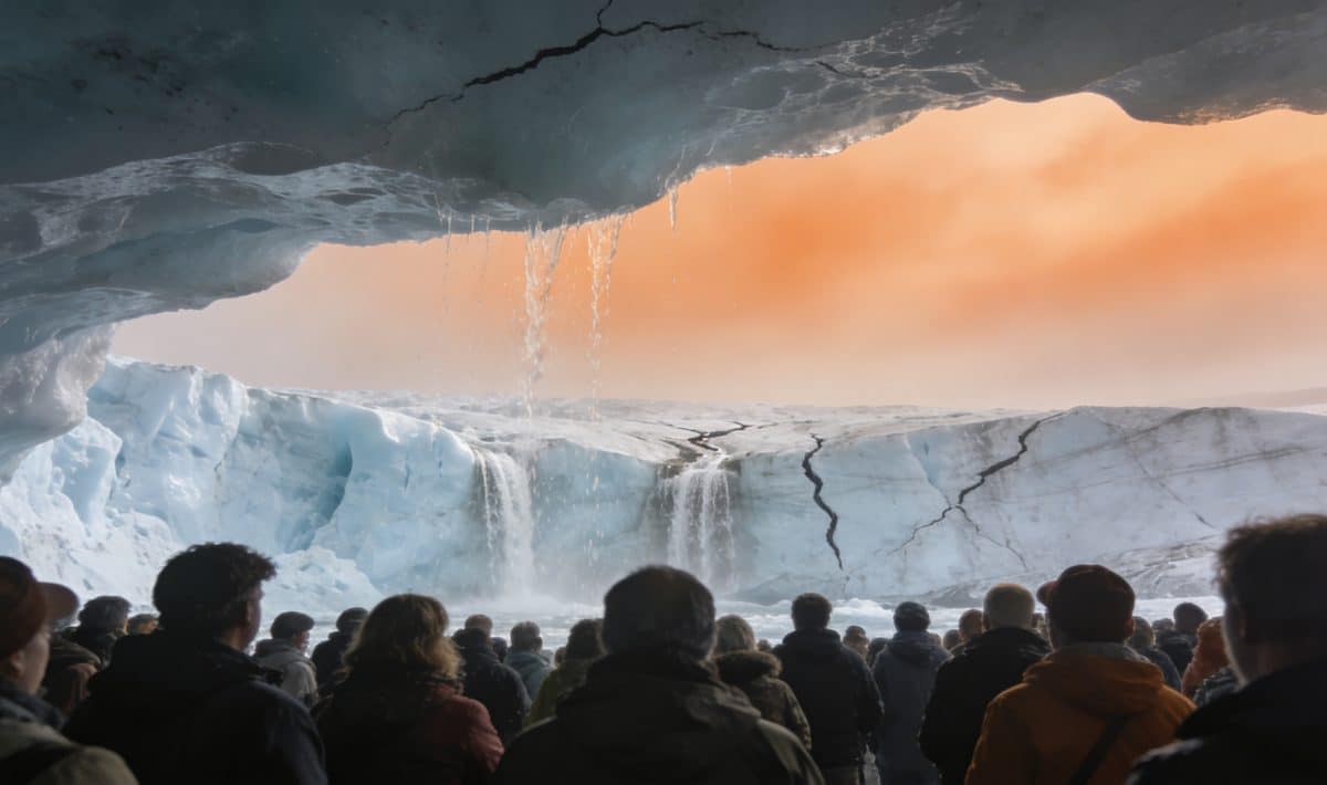Foule sous ciel orange brumeux devant glacier fondant