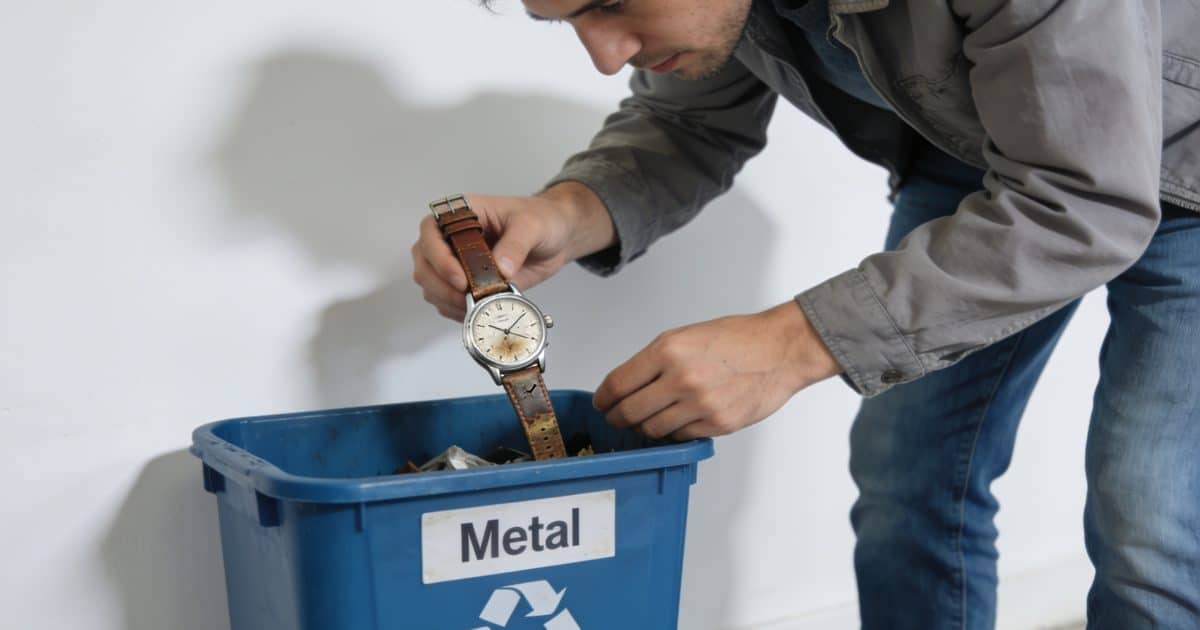 Homme depose une vieille montre dans conteneur recyclage