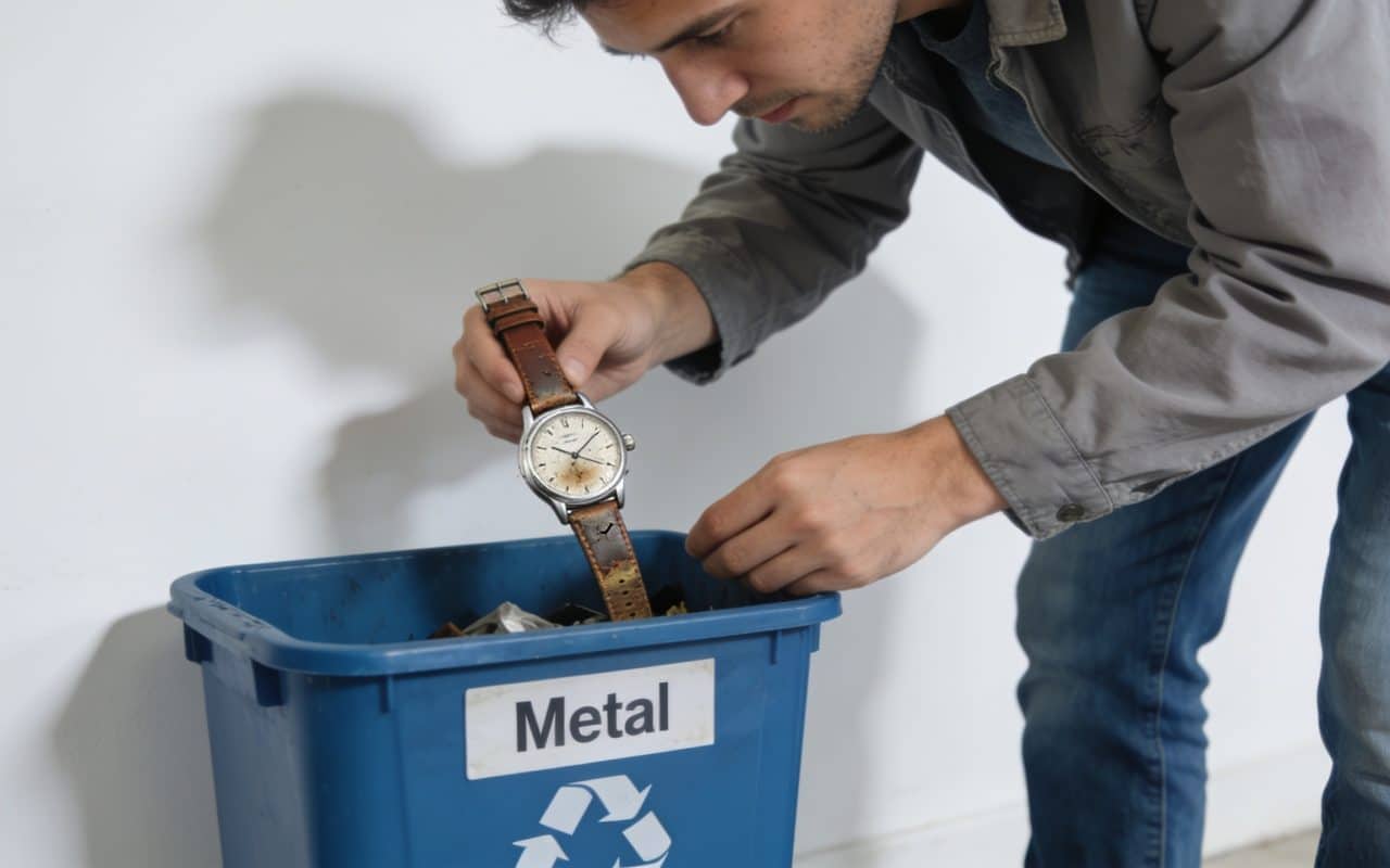 Homme depose une vieille montre dans conteneur recyclage