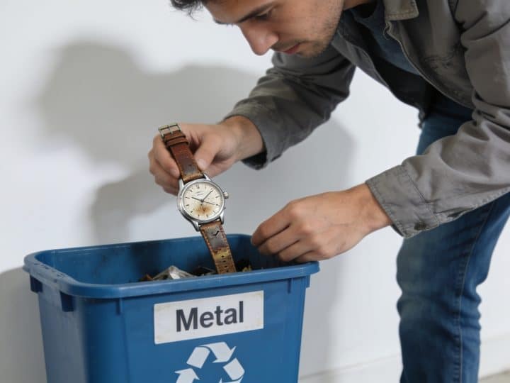 Homme depose une vieille montre dans conteneur recyclage