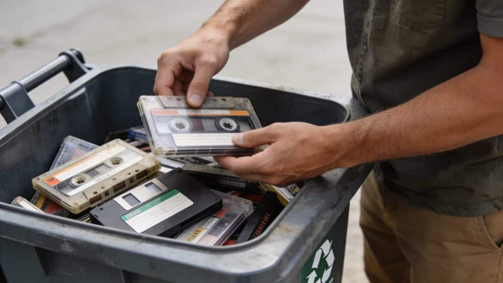 Homme depotant vieilles cassettes VHS dans conteneur recyclage