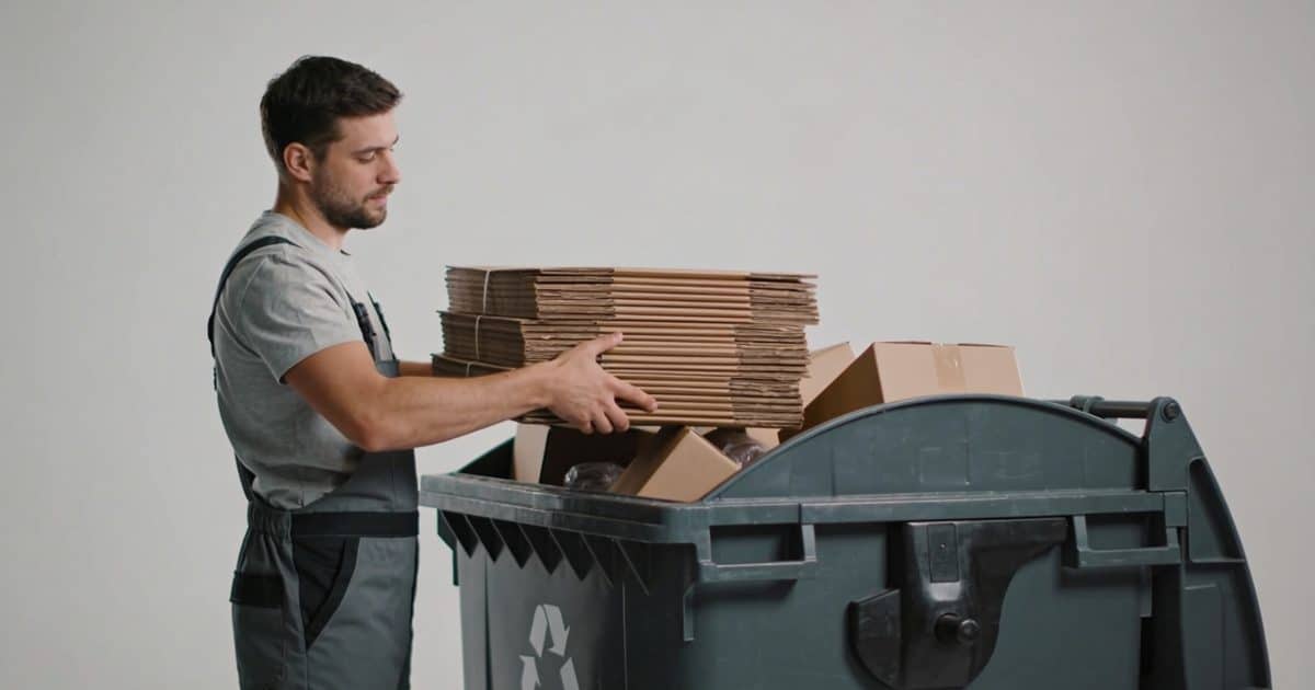 Homme depose piles de cartons dans benne de tri