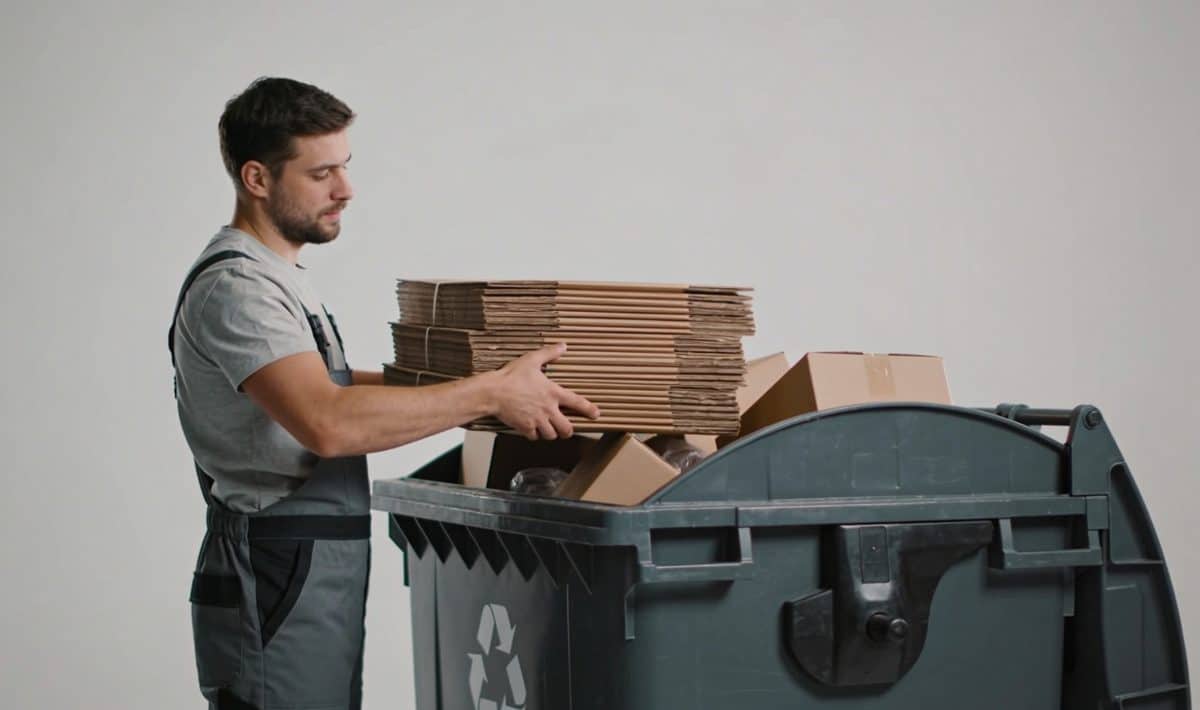 Homme depose piles de cartons dans benne de tri