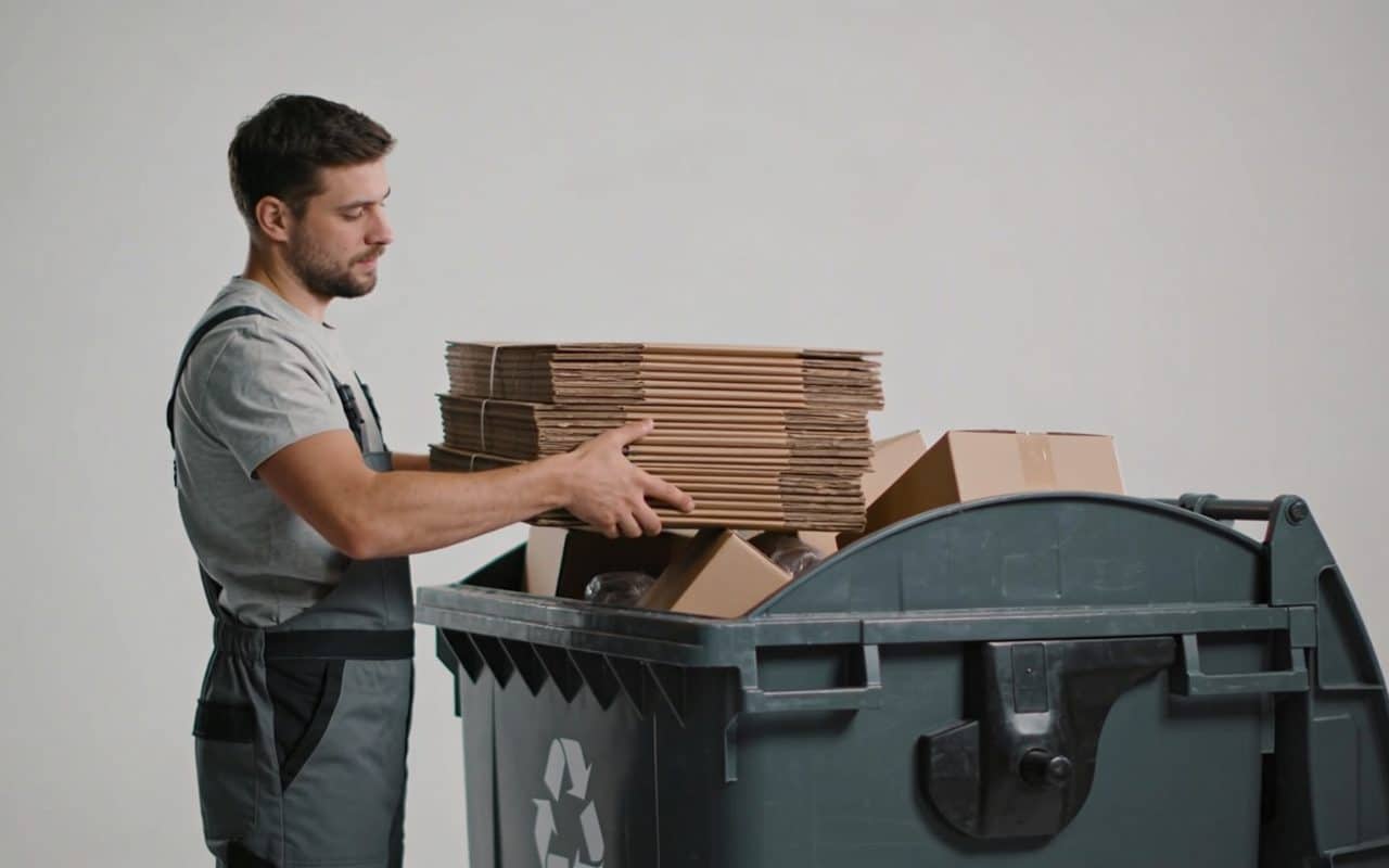 Homme depose piles de cartons dans benne de tri
