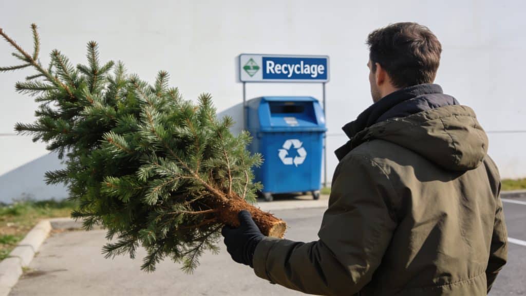 Homme portant sapin naturel vers point recyclage municipal
