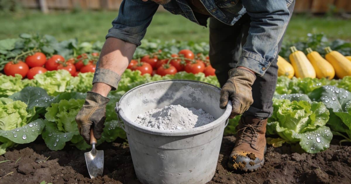 Jardinier penche vers seau de cendres gris devant potager