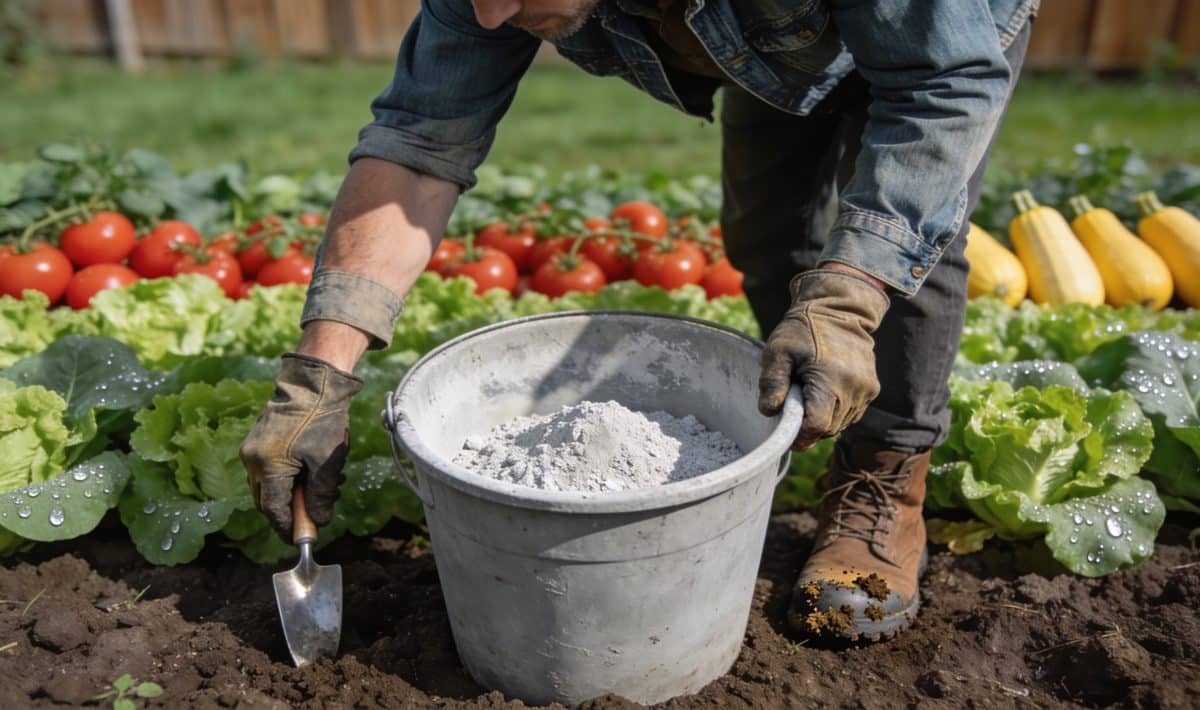 Jardinier penche vers seau de cendres gris devant potager